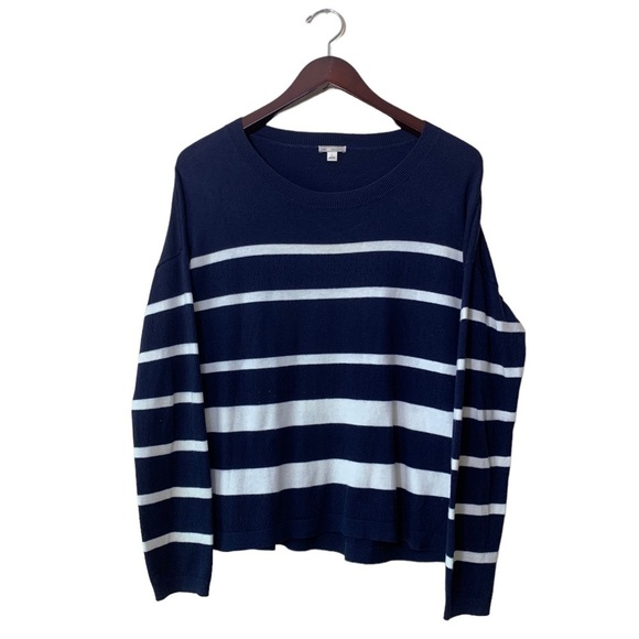 GAP Navy White Stripe Long Sleeve Cotton Blend Boat Neck Sweater Size L - Picture 1 of 7